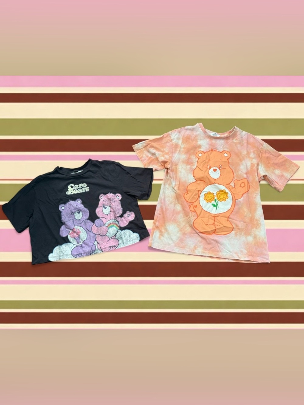 H&M Care Bears black & pink graphic tee with two bears, size 16/18